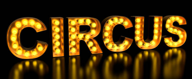 istock Circus signboard from golden light bulb letters, retro glowing font. 3D rendering 1147821685
