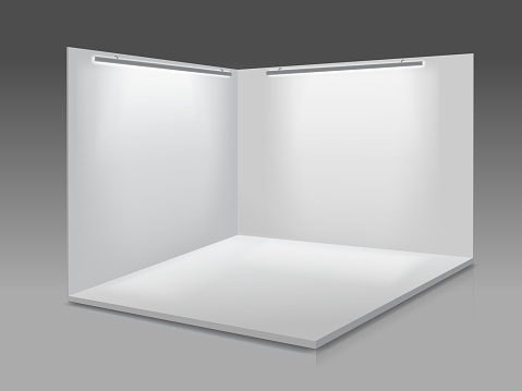 Blank display exhibition stand. White empty panels, Podium for presentations on the gray background 3d.