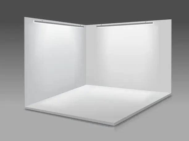 Vector illustration of Blank display exhibition stand. White empty panels, Podium for presentations on the gray background 3d.