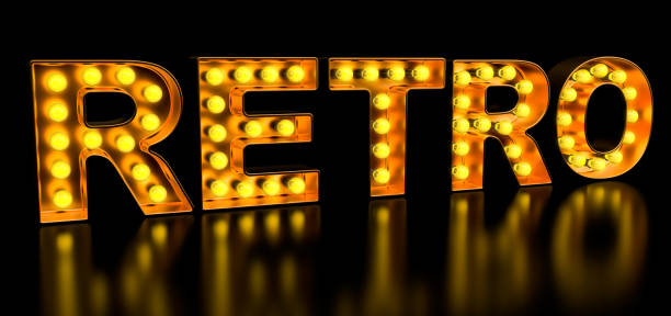 istock Retro signboard from golden light bulb letters, retro glowing font. 3D rendering 1147821710