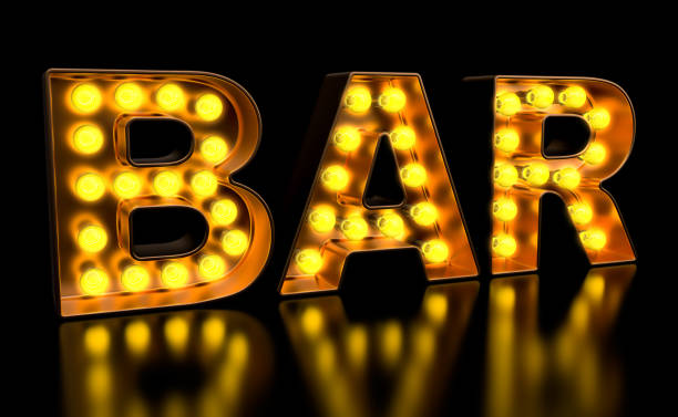 istock Bar signboard from golden light bulb letters, retro glowing font. 3D rendering 1147821711