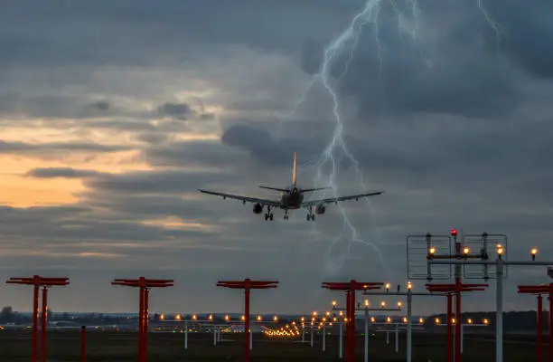 Photo of Thunderstorm on landing airplane at the airport