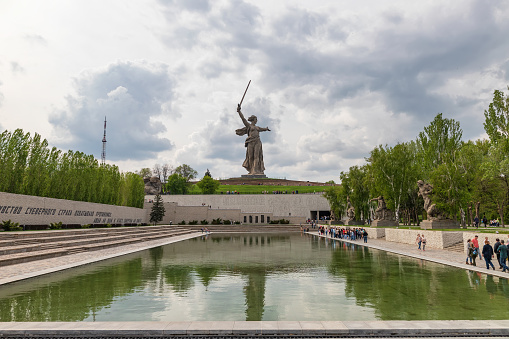 VOLGOGRAD - MAY 4: Monument Motherland on Mamaev Kurgan. The photo is made through a glass ball. May 4, 2019 in Volgograd, Russia.