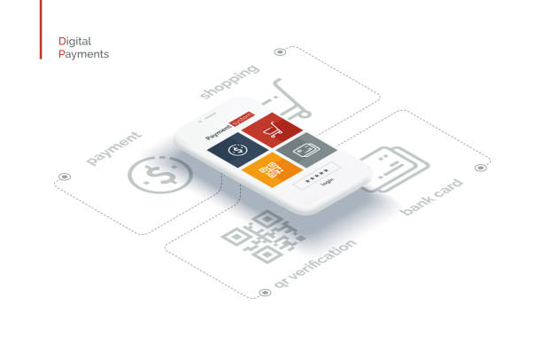 ilustrações, clipart, desenhos animados e ícones de sistema de pagamento interface móvel. infographics com um telefone móvel e ícones do sistema de pagamento. estilo isométrico da ilustração da cheio-cor moderna. - tecla option