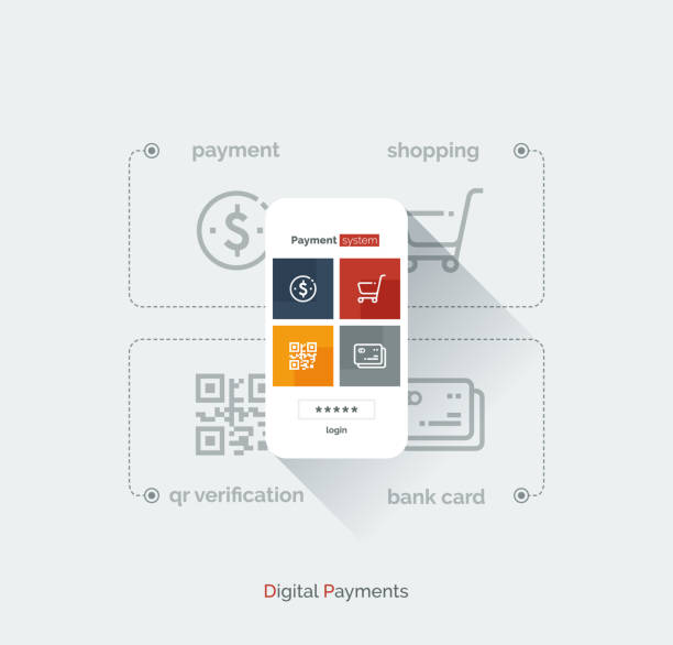 ilustrações, clipart, desenhos animados e ícones de sistema de pagamento interface móvel. infographics com um telefone móvel e ícones do sistema de pagamento. estilo liso da ilustração da cheio-cor moderna. - choice change computer key computer keyboard