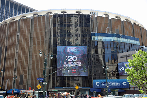 New York, USA - April 29, 2019: Madison Square Garden and Pennsylvania Station with unidentified People in Manhattan. New York City. USA