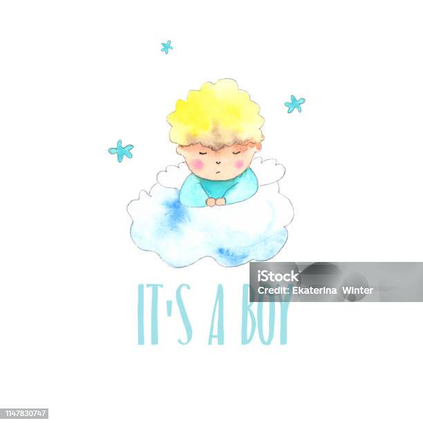 Angel Boy New Born Card Stock Illustration - Download Image Now - Baby Girls, Shower, Angel