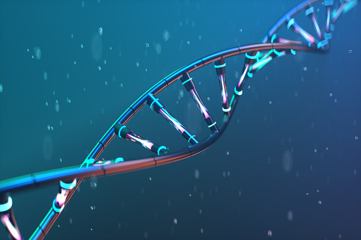 3D Render Illustration of DNA. DNA model on a dark blue background. Futuristic image. Scientific research. Medicine. The structure of DNA molecule. Abstraction of DNA. Technological