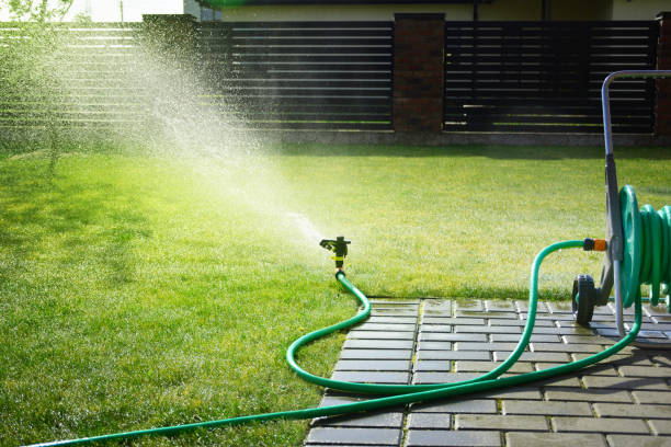 istock Automatic sprinkler sprays water over green grass 1147833571