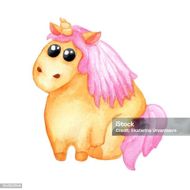 Watercolor Illustration Of A Cute Icehorse Unicorn With Yellow Ocher With A Pink Mane And A Pink Horn A Cute Unicorn Is Sitting With Big Black Eyes Hand Drawn On White Background Stock Illustration - Download Image Now