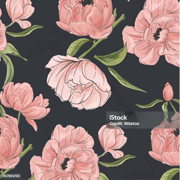 Vector Vintage Floral Composition Set With Peony Handdrawn Flowers And Greenery Leaves Garden Decoration Fabrics Modern Botanical Pattern Stock Illustration - Download Image Now