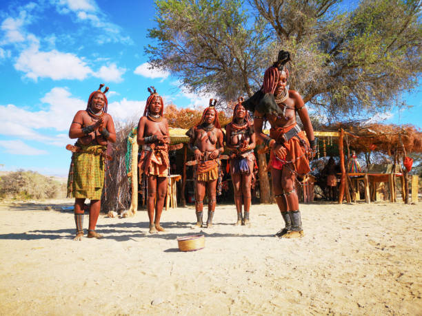 Group of Young Himba women dancing in front of village market stall Young Himba women dancing in front of village market stall. They are dancing around a basket, hoping for donations. One of the women dances while the other claps behind her. kaokoveld stock pictures, royalty-free photos & images