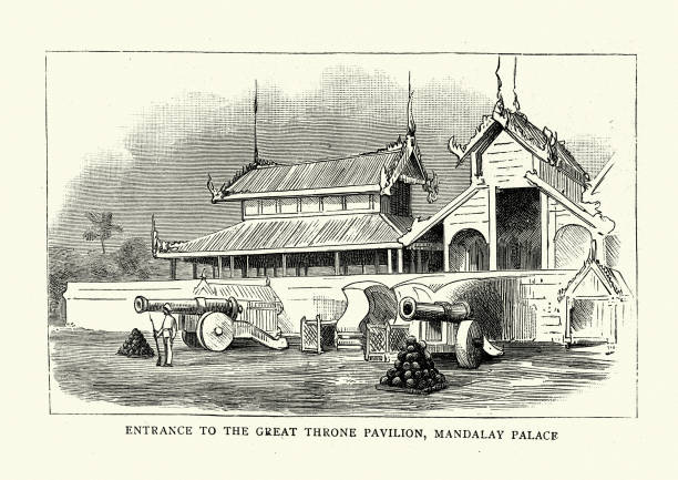 Vintage engraving of Entrance to Great Throne Pavilion, Mandaay Palace, Burma, 19th Century