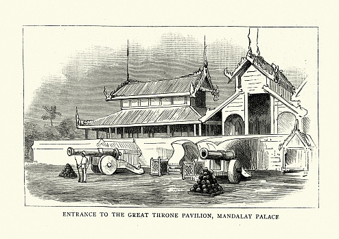 Vintage engraving of Entrance to Great Throne Pavilion, Mandaay Palace, Burma, 19th Century