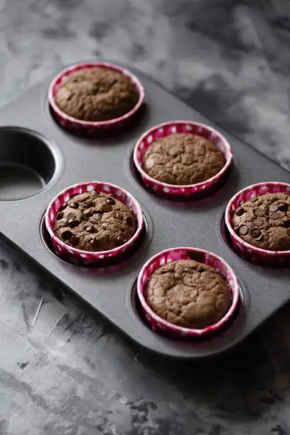 Tasty homemade chocolate muffins in baking tin on dark monochrome background copy space