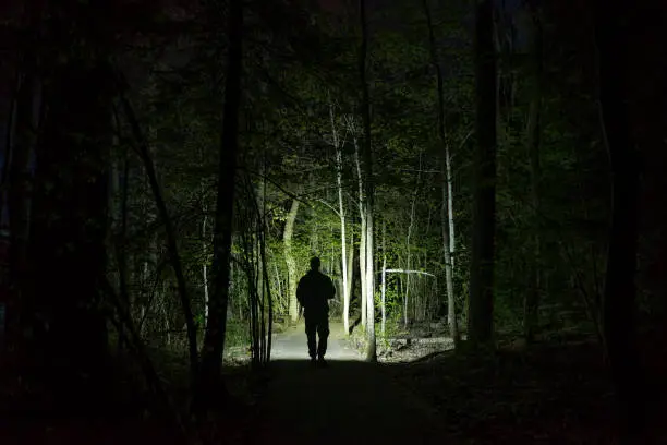 Man standing outdoor at dark night shining with flashlight. Mystical and abstract outdoor photo of Swedish nature and landscape.