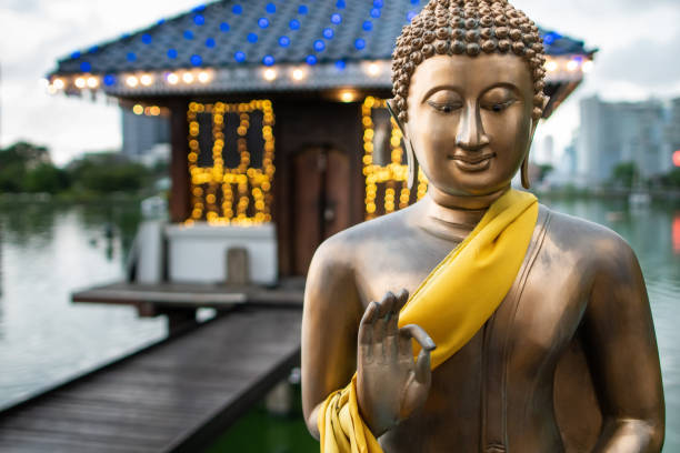 Buddha in a dharmachakra mudra pose Buddha made of bronze in a dharmachakra mudra pose, in front of a temple on the Beira Lake in Colombo, Sri Lanka. theravada photos stock pictures, royalty-free photos & images