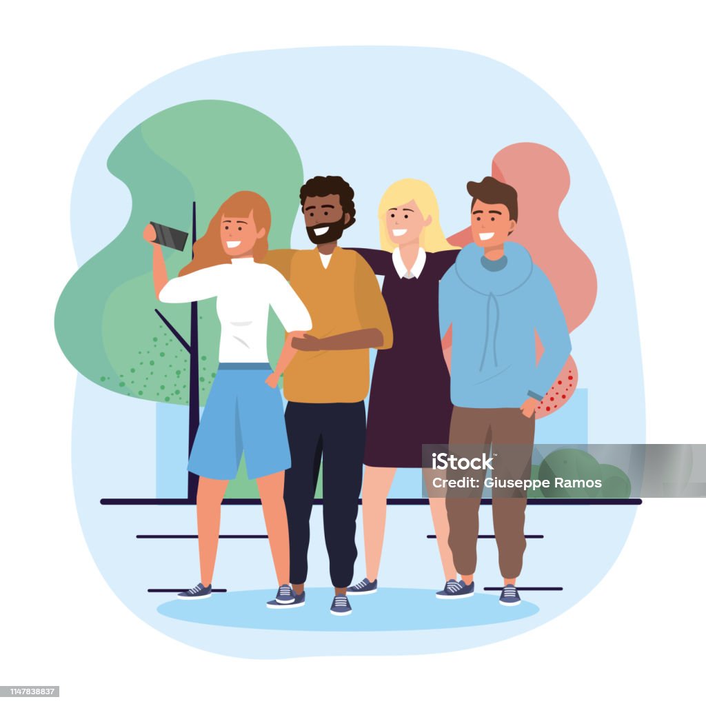Funny Men And Women Friends With Selfie Technology Stock Illustration -  Download Image Now - Adult, Adults Only, Bush - iStock