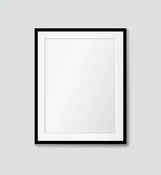 Vector illustration of Black frame with passepartout on the wall. Vector picture frame mock up