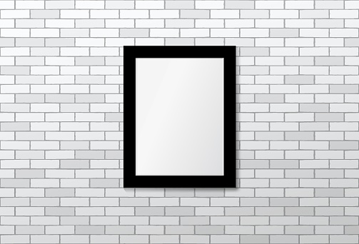 Black frame on white brick wall. Vector picture frame mock up
