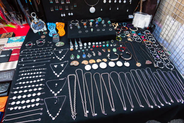 Lots of necklaces or wristbands showcased in a tourist shop in Thailand