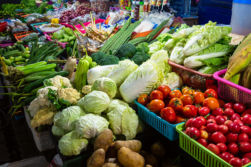 Colorful fresh organic vegetables in market. These are vitamins, minerals, fiber are very useful for human health