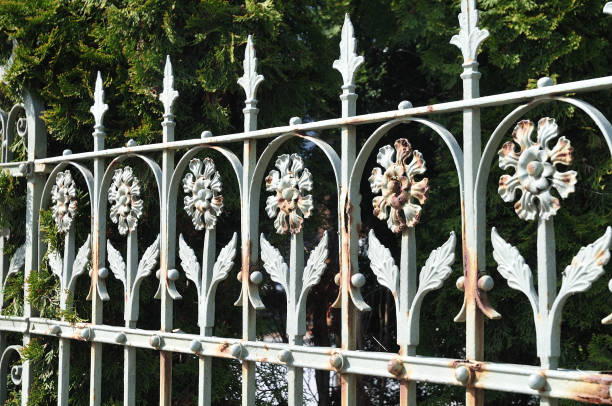 istock wrought iron fence with floral ornaments 1147841139