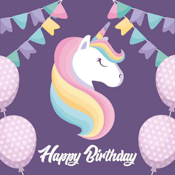 happy birthday card with cute unicorn happy birthday card with cute unicorn vector illustration design Unicorn stock illustrations