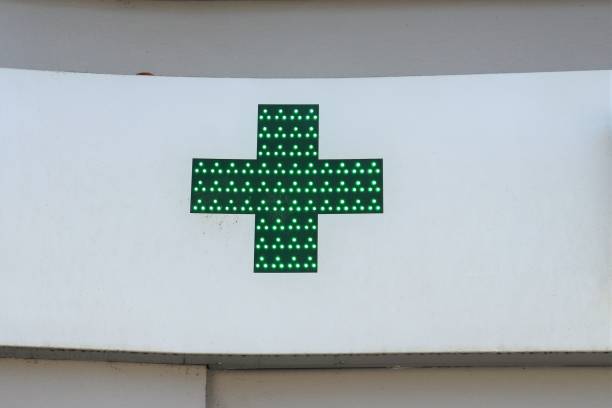 istock Pharmacy logo-Green Cross-on a sign 1147842924