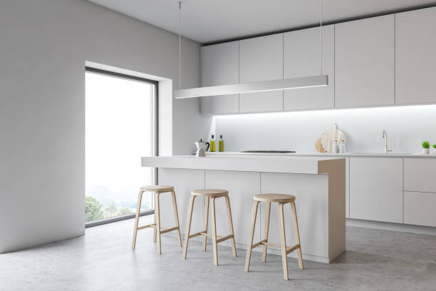 istock Modern disign kitchen interior with window and city veiw. 3d Render. 1147846540