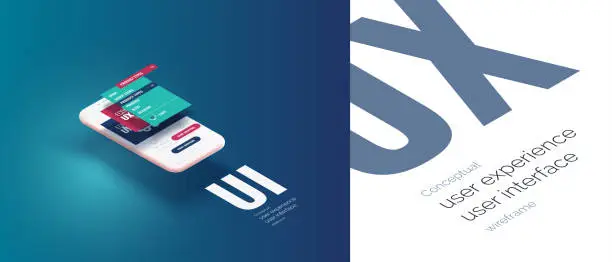 Vector illustration of Conceptual banner, booklet, brochure. User experience, user interface. 3d phone with the layout of the web page. Mobile interface with vertically divergent layers of the frame interface. Mobile app