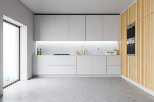 istock Modern disign empty kitchen interior with window and city veiw. 3d Render. 1147847840