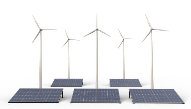 eco power , renewable energy , wind turbine farm and solar cell panels isolated on white background - 3d rendering - fuel and power generation wind turbine solar panel alternative energy imagens e fotografias de stock