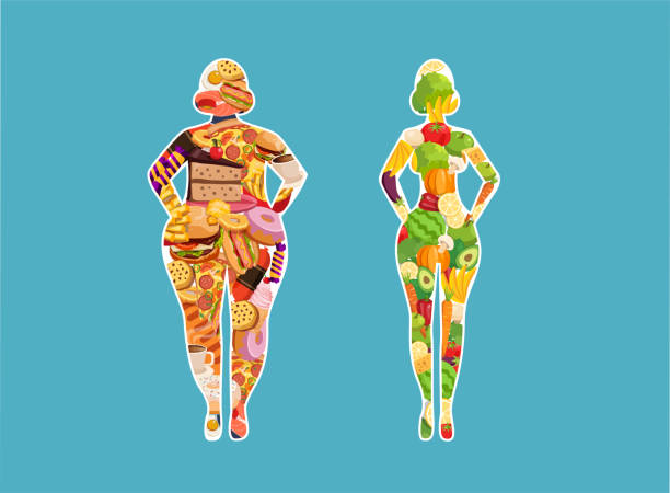 wektor sprawnej kobiety jedzącej zdrowe zielone warzywa i grubej dziewczyny jedzącej fast foody. - slim women silhouette exercising stock illustrations