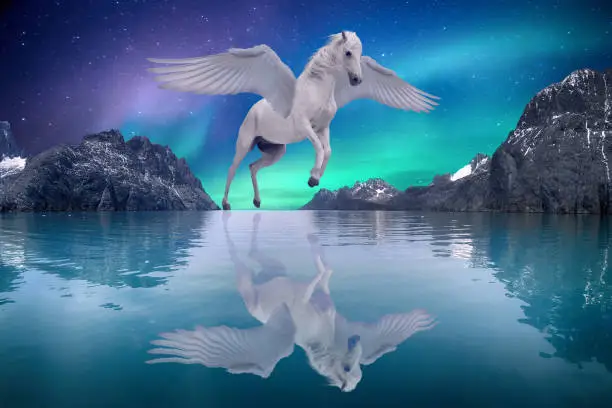 Pegasus winged legendary white horse flying with spread wings on dreamy landscape