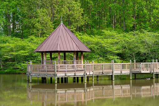 Photo of a walkway and Gazebo over a pond in a formal garden.