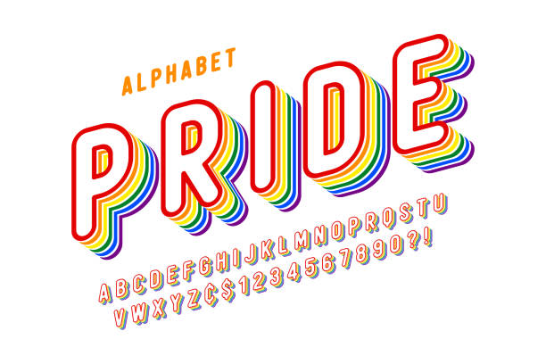 illustrazioni stock, clip art, cartoni animati e icone di tendenza di display originale arcobaleno font design, alfabeto, lettere - pride