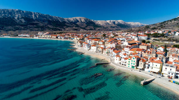 Aerial View of Coastline Town of Baska, Krk Island , Croatia stock photo