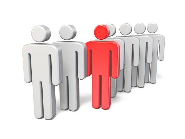 istock Red rebel man in line of same people 3D 1147864258