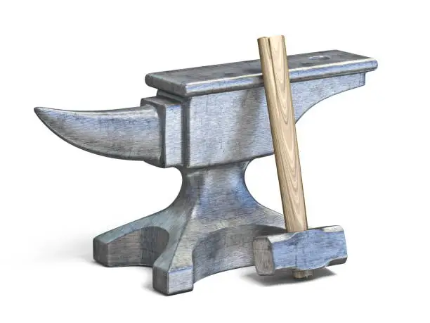 Blacksmith anvil and hammer 3D render illustration isolated on white background