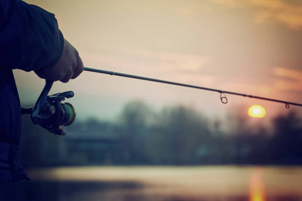 istock Fishing rod spinning close up. 1147864409