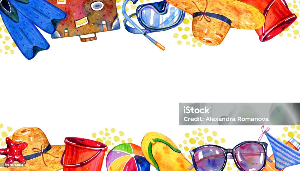 Frame with beach objects on top and bottom - flippers, suitcase, ball, mask, bucket, hat, glasses. Hand drawn watercolor illustration Frame with beach objects on top and bottom - flippers, suitcase, ball, mask, bucket, hat, glasses. Hand drawn watercolor illustration on white background At The Bottom Of stock illustration