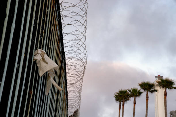 A Close-up View Of The International Border Wall  In Playas Tijuana, Mexico A beautiful sunset and palm trees with a closeup of the border wall topped with concertina wire in Tijuana, Mexico international border barrier stock pictures, royalty-free photos & images