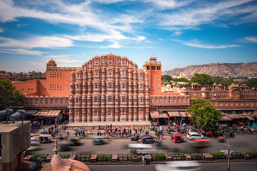 Jaipur, India - February 23, 2019: View of architectural landmark Hawa Mahal aka Palace of the Winds in Jaipur, Rajasthan, India.
