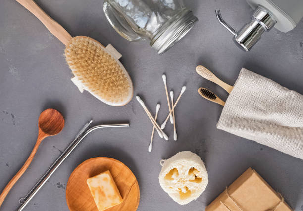 istock Reusable and natural material items for bathroom, kitchen and hygiene on the gray stone background 1147881711