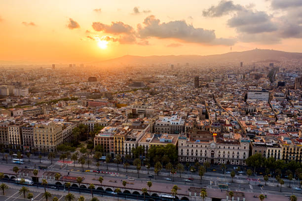 istock Barcelona Aerial view at sunset 1147885237