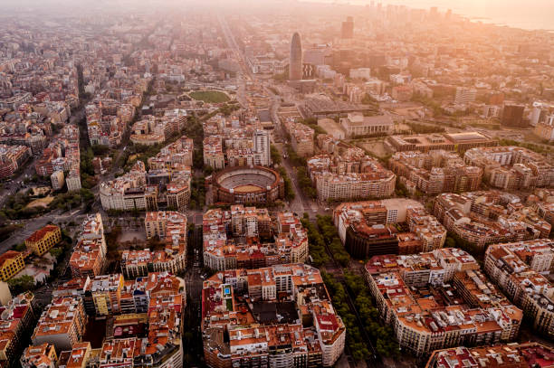 istock Barcelona Aerial view at sunrise 1147887428