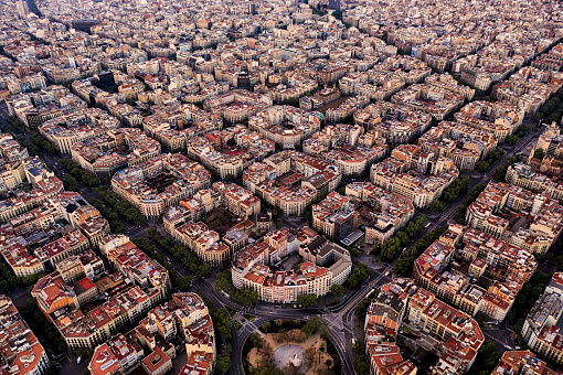 Aerial cityscape of Barcelona at Saint Joan Avenue, Eixample neighborhood