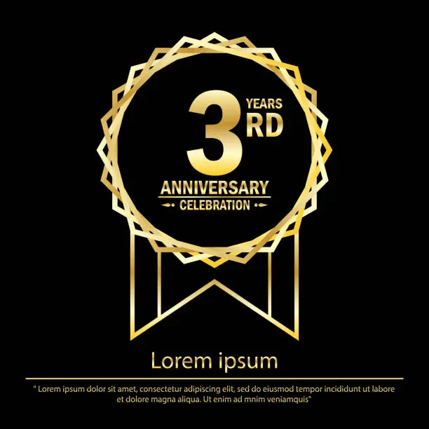 Vector illustration of 3rd years anniversary celebration. anniversary logo with golden jagged edge ring elegance isolated on black background, vector template design for celebration greeting card and invitation card