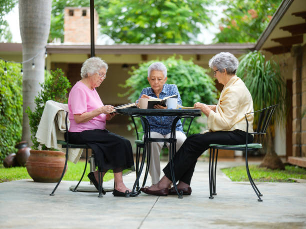 istock Three elderly women sitting outdoors and reading books 1147891363